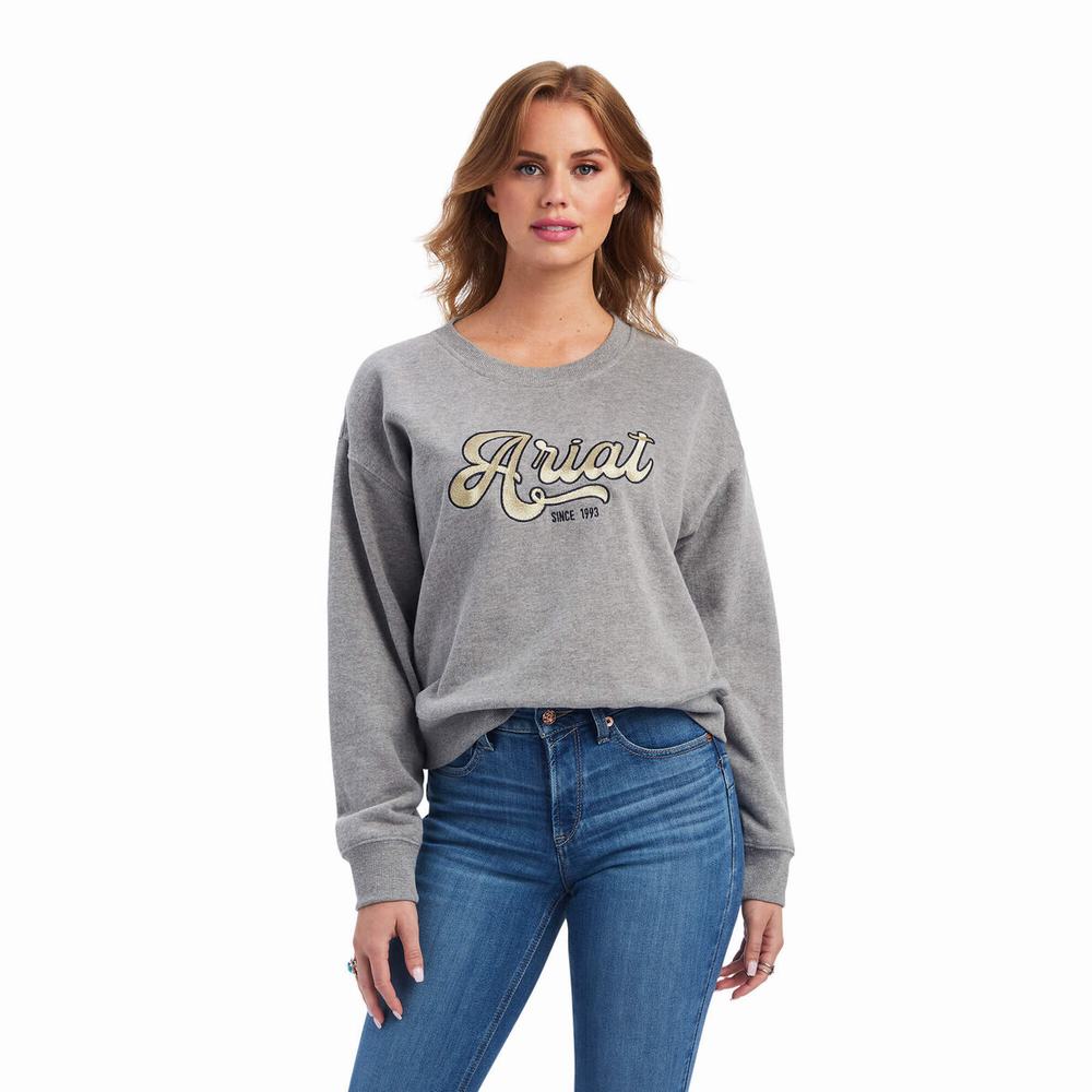 Dámské Mikiny S Kapucí Ariat REAL Metallic Varsity Logo Šedé | SRZY-84691